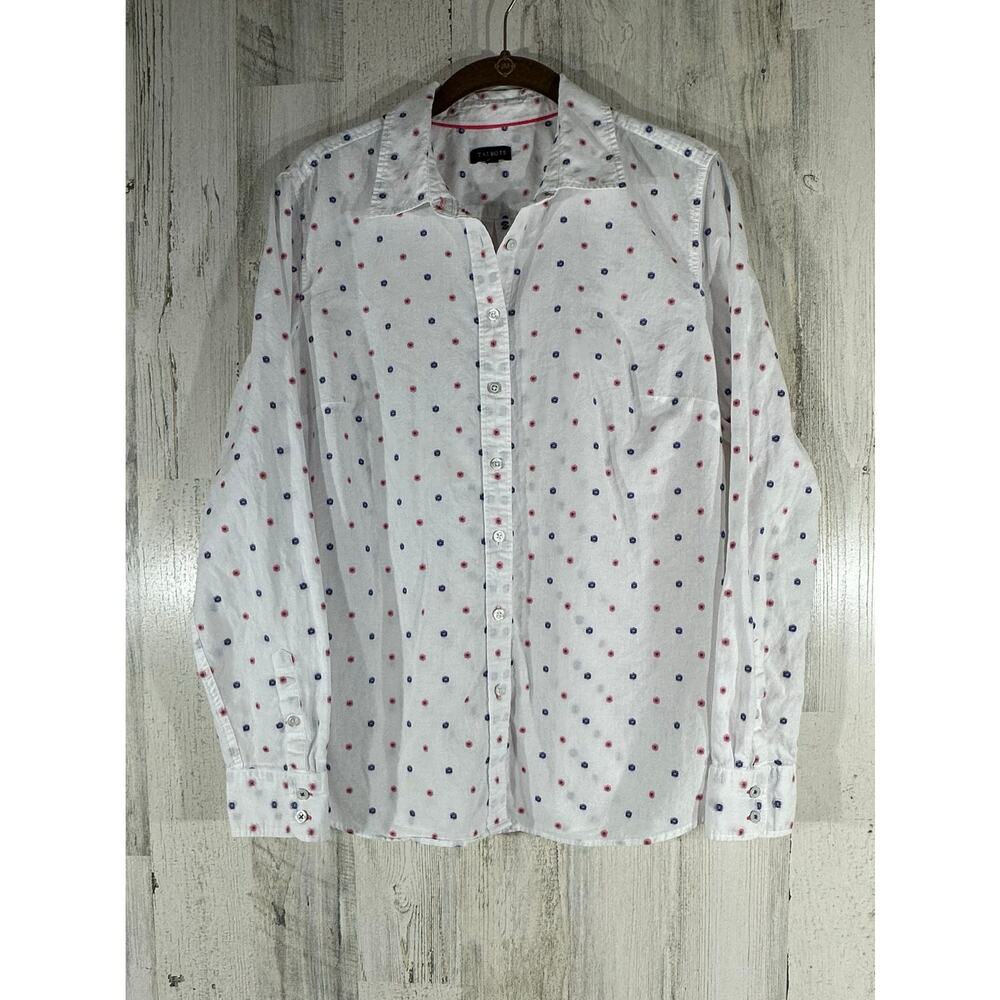 Talbots Button Up Shirt Size Medium White Pink Blue Embroidered Dots 100% Cotton